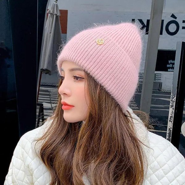 Gorro Tejido De Piel De Conejo Para OtoñO E Invierno, Gorro De Lana Con Letra M, Gorro CáLido Salvaje A La Moda, Gorro Con ProteccióN Para Los OíDos Para OtoñO E Invierno One Size-image