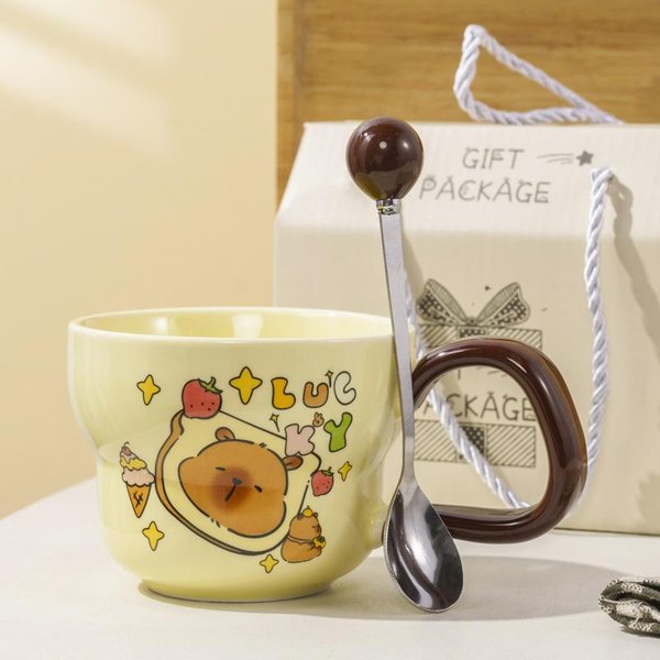 Uroczy Kubek Ceramiczny Kapibara Z ŁYżEczką Kubek Dla Pary Wysoki ŁAdny KreskóWkowy Kubek Kapibara PamiąTka Z UroczystośCi Sklepowej 301-400Ml-image