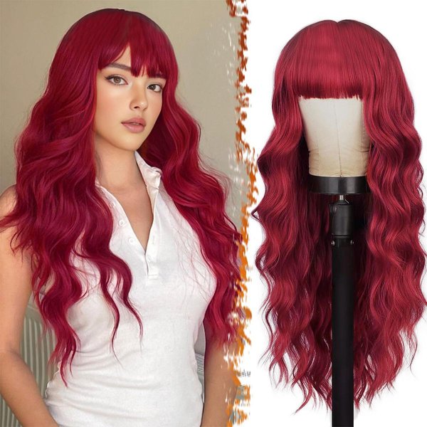 Peluca Ombré Roja Larga Ondulada SintéTica Con Flequillo - Peluca Rizada De 26 Pulgadas Para Mujeres Aspecto Natural Suave Pelucas Para Disfraces De Halloween Cosplay Brown-image