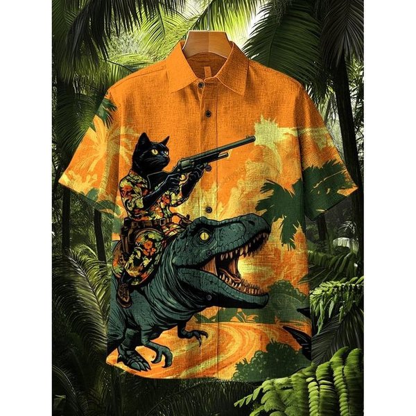 Camisa Hawaiana De Verano Para Hombre, Estilo Vintage, CaligrafíA, Gato, Dinosaurio, Estampado 3D, Manga Corta, Camisas Casuales Para La Playa 3XL-image