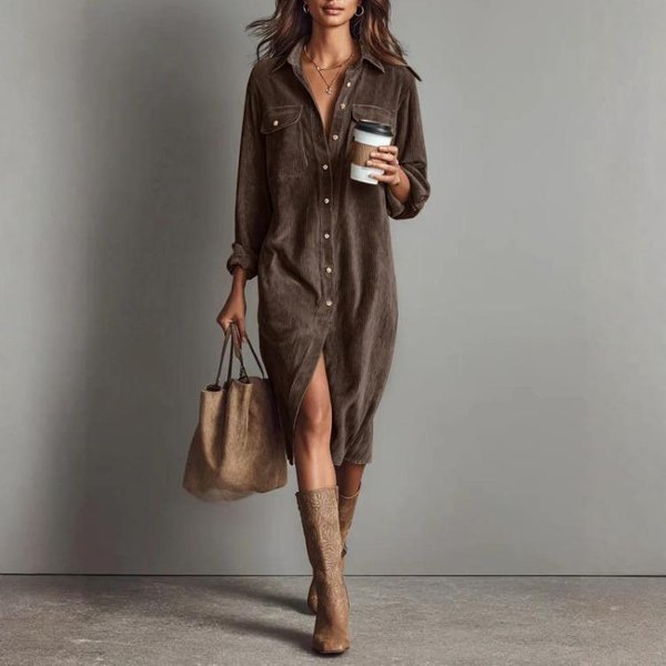 Vestido De Falda Larga Suelta Camisa De Manga Larga De Pana Con Solapa Para Mujer Casual Color SóLido Moda L Café-image