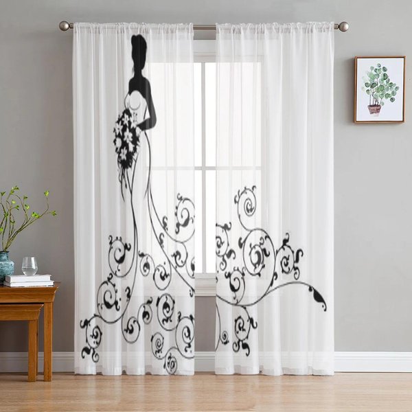 Kwiatowe Abstrakcyjne Czarno-BiałE Tiulowe ZasłOny Do Salonu Przezroczysta ZasłOna Welon Do Sypialni Organza Dekoracyjne Zabiegi Okienne 135W X 160H(Cm)-image
