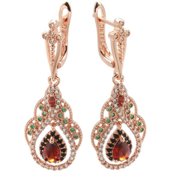 Pendientes Colgantes Nuevos Color Oro Rosa Para Mujer, Pendientes De Circonita Natural Roja Con Flor De Cristal Para Mujer, JoyeríA Vintage.-image