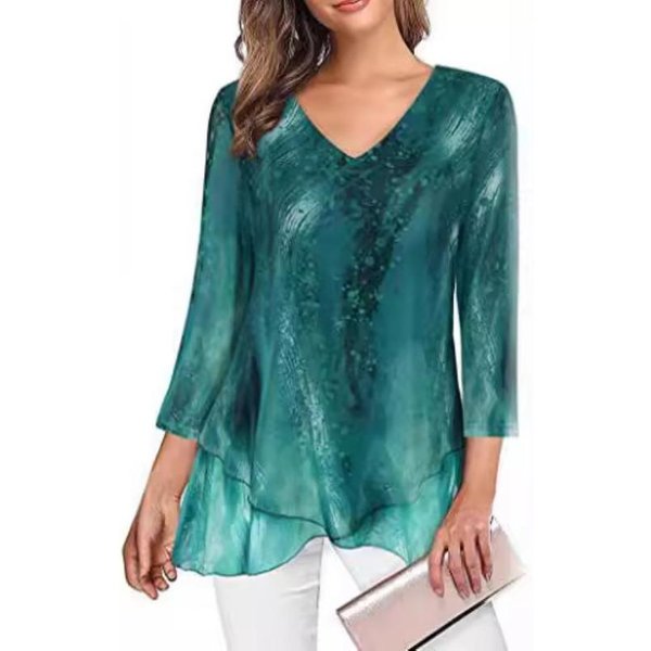 Lato Nowy RęKaw Siedem ÓSmych Casualowe LuźNe Koszule Kobiety Asymetryczny Dekolt W Serek WyszczuplająCy Nadruk Elegancka Bluzka Kobiety Moda Damska Top Plus Size Koszula 26490 XL Ciemno Zielony Kolor-image