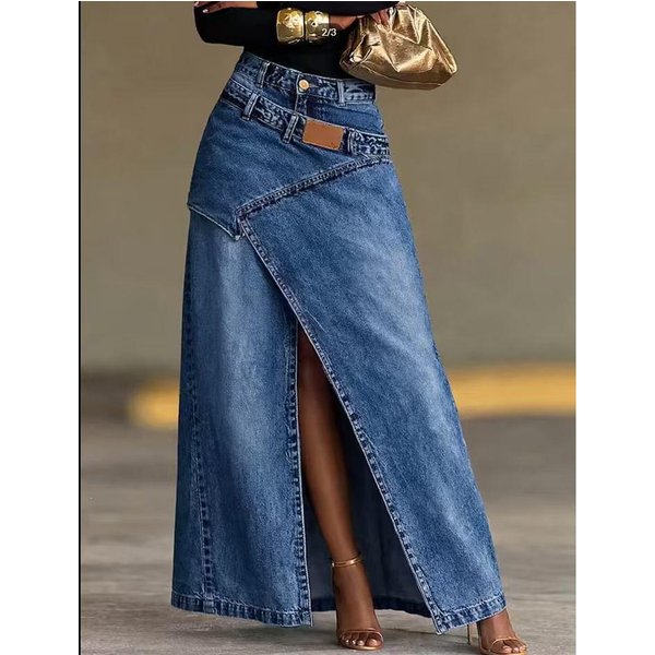 Falda Larga De Mezclilla Lavada Cintura Alta Abertura Frontal AsiméTrica Falda Larga De Jean Parche Irregular Falda Larga De Mezclilla Casual Para Mujer XXL Azul Oscuro-image