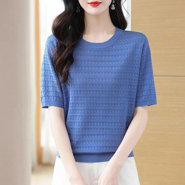 Camiseta De Punto De Manga Corta Para Mujer, Cuello Redondo, Suelta, De Verano 3XL-image