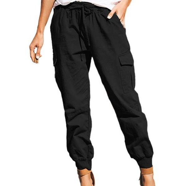 Elastyczny śCiąGacz W Pasie Proste Spodnie Cargo Z Wysokim Stanem Z Wieloma Kieszeniami Spodnie Damskie Streetwear L Czarny-image