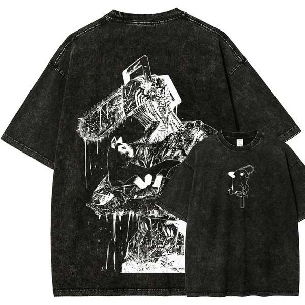 Koszulka Z Grafiką Denji CzłOwiek PiłA Mechaniczna MęSka Aicd Washed Oversize Koszulka Streetwear Y2K KróTki RęKaw Odzież BawełNa Koszulka Manga Damska MęSka Koszulka S Gray-image