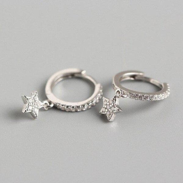 Pendientes De Aro De Plata De Ley 925 Con Circonita CúBica Y Estrella Para Mujer, De Moda, Color Dorado, JoyeríA, Regalos Al Por Mayor, S-E1132 Plata-image