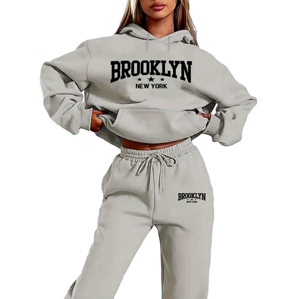 Jesień Zima Brooklyn Zestaw Sweter Spodnie Kobiety Zestaw Bluza Z Kapturem Odzież Uliczna Hip Hopowa Odzież Codzienna Damska Pluszowa Bluza M Gray-image