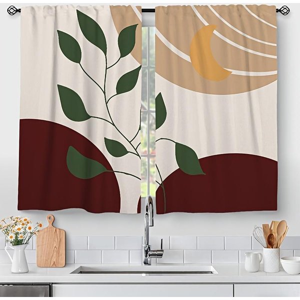 2 Paneles Hoja NóRdico GeoméTrico Estampado Bolsillo Para Barra Cortina Tratamiento De Ventana Para Dormitorio Oficina Cocina SalóN DecoracióN Del Hogar 2X50W100H(Cm)&Hook-image