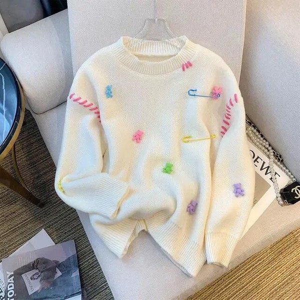 KoreańSki Sweter Kawaii Damski Jesienno-Zimowy Z DłUgim RęKawem O-Neck LuźNe Topy Sweter Casual Fashion Ladies Chic Jumper One Size White-image