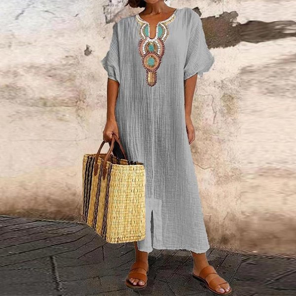 Vestido De Lino Y AlgodóN Para Mujer, Informal, Holgado, Para Vacaciones En La Playa, Bohemio, Largo, Liso, Para Verano L Gris-image