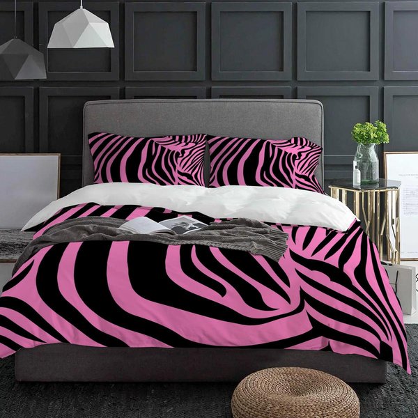 Juego De Cama De Rayas De Cebra Negro Rosa 3 Piezas NiñOs NiñAs Funda De EdredóN Funda De Almohada NiñOs Adultos Cubre EdredóN Juego De Cama Doble Textil Para El Hogar EU Single(135X200Cm) Gray-image