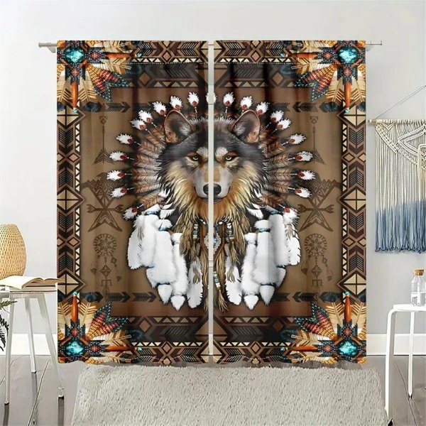 Cortina Impresa Estilo Lobos 2 Piezas Para DecoracióN Del Hogar Tratamiento De Ventana Con Bolsillo Para Barra Para Dormitorio, Oficina, Cocina, Sala De Estar Y Estudio 50W160H(Cm)X2Panel&Hook-image