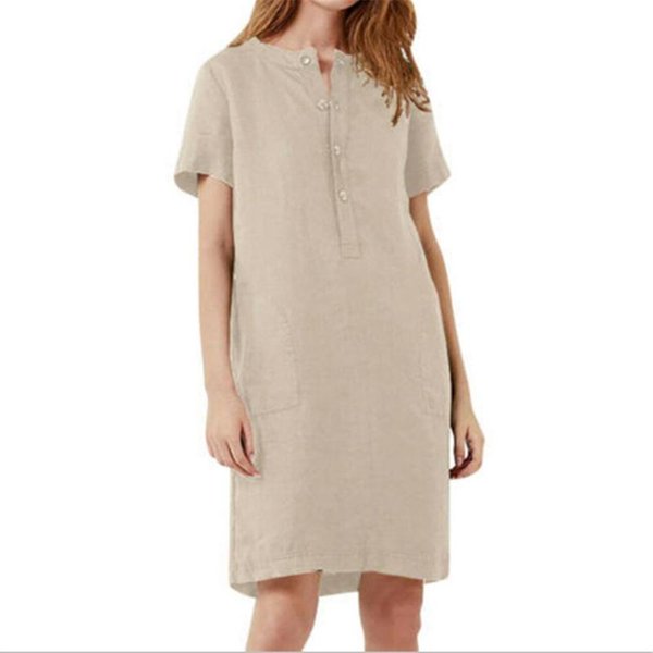 Moda Damska BawełNiana Lniana LuźNa Sukienka Z KróTkim RęKawem Xxxxxl-image