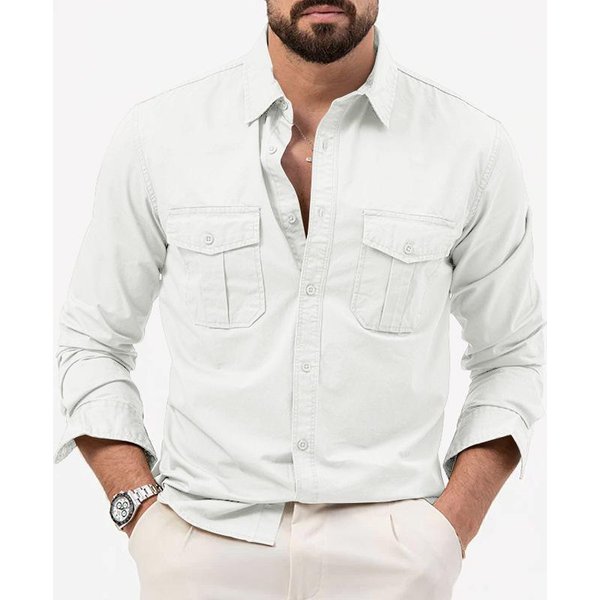 Camisa Casual De AlgodóN De Manga Larga Para Hombre Con Bolsillos Dobles - VersáTil Abotonada Para Uso Diario L Blanco-image