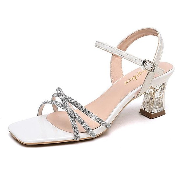 Sandalias Beige Diamante De Agua Para Mujer Nuevo Cristal Verano Comodidad Charol TacóN Alto Punta Abierta Moda Zapatos De TacóN Grueso 35 White-image