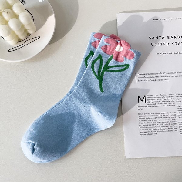 Calcetines De CañA Media Para Mujer Con Estampado De Flor De TulipáN Calcetines De AlgodóN Para Mujer Calcetines Desodorantes Que Absorben El Sudor Color Mixto 5 Pares Gratis One Size-image