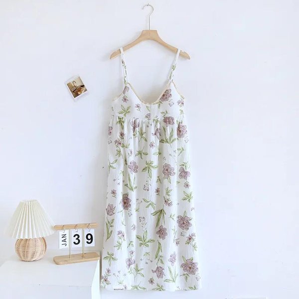 Falda De Dormir De Verano Para Mujer, 100 % AlgodóN Crepé, Con Tirantes Y CojíN En El Pecho, Bonita Y Fina, Para Estar En Casa. M White-image
