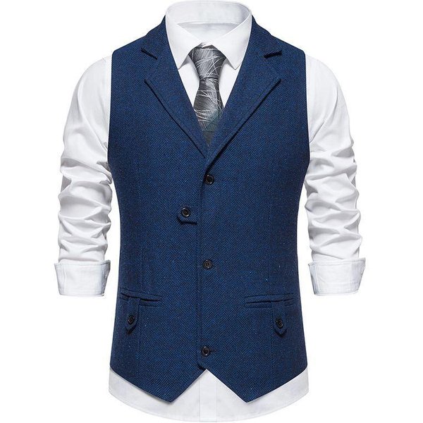 Nuevo Chaleco De Traje Para Hombre Retro Con Solapa De Un Solo BotóN M Azul-image