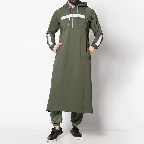 Tops Para Hombre MusulmáN Medio Oriente IsláMico ÁRabe Ropa Suelta Rayada Manga Larga CordóN Bolsillos Largo Completo Bata Con Capucha Xxxl Verde-image