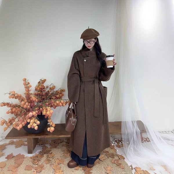 Abrigo De Cachemira De Doble Cara Para Mujer, Cuello Mao, Cintura Con Lazo, Estilo Coreano De OtoñO E Invierno, Largo Hasta La Rodilla, Holgado, De Lana S Gray-image