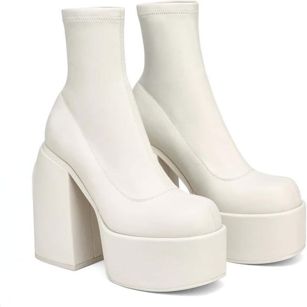 Botines Elegantes Para Mujer, Botas Altas De Plataforma Con Cremallera Para OtoñO, Botas Modernas Para Mujer, Estilo GóTico, Zapatos Sexys De Media Pantorrilla, Talla Grande 43 38 Blanco-image