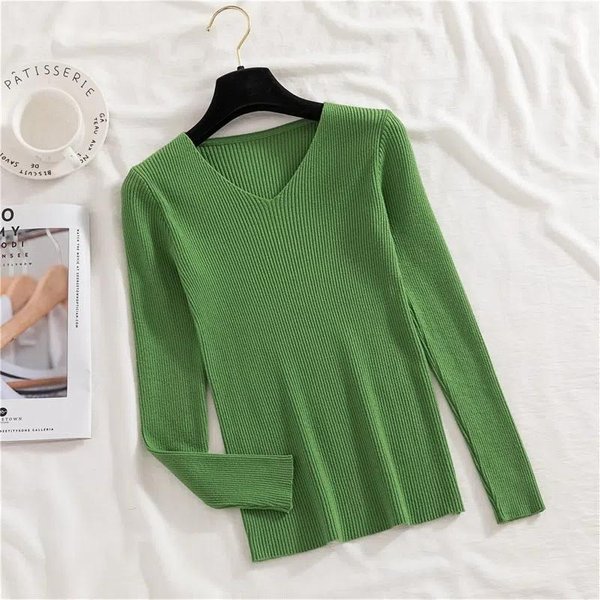 SuéTer De Mujer Con Cuello En V, SuéTer De Punto Ajustado, SuéTer EláStico, SuéTer BáSico De Manga Larga, SuéTer De Punto De Moda Para OtoñO E Invierno M-image