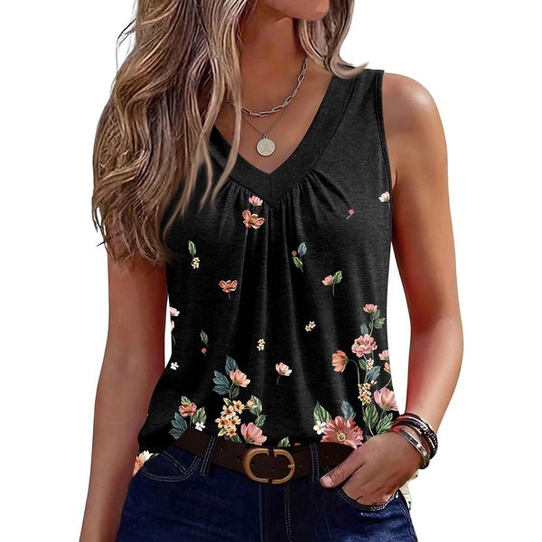 Damskie Top Bez RęKawóW LuźNe Top Z Dekoltem V Plisowane Koszulki Podstawowe T-Shirty L-image