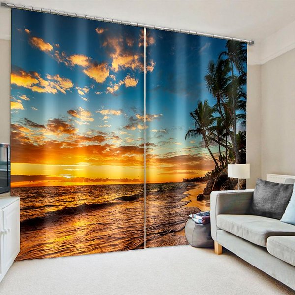 Naturaleza Paisaje Atardecer Playa Cielo Mar ÁRbol Cortinas Persianas Para Sala De Estar Dormitorio Infantil BañO Cocina Puerta DecoracióN Del Hogar 2 Piezas W65X60H(Cm)X2Pcs&Grommet Top-image