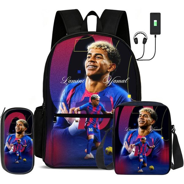 Aprender, Viajar FúTbol Deporte Mochila L-Lamin Yamal Set De 3 Piezas Mochila Para NiñOs Bolso De Hombro, Estuche Para LáPices, Mochila De Estrella De FúTbol-image
