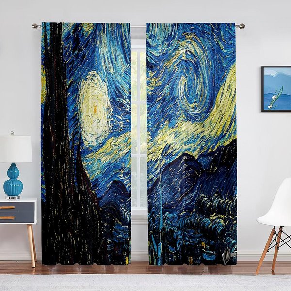 Cortina De Gasa De Noche Estrellada Con Estampado De Estrellas De Van Gogh, Cortinas Decorativas De Tul De Gasa Para DecoracióN De Sala De Estar, Dormitorio Y Cocina 100W130H(Cm)40X51In&Grommet Top-image