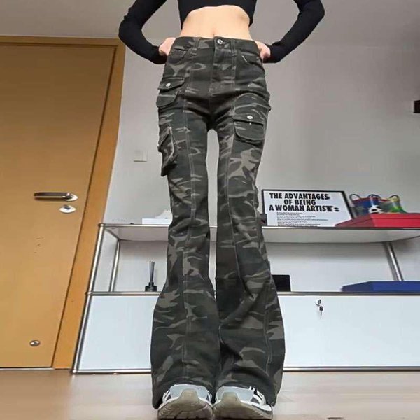 Damskie Jeansy Camo Z Wysokim Stanem I Rozszerzanymi Nogawkami - Retro Dzwony Na Wiosnę I Jesień M-image