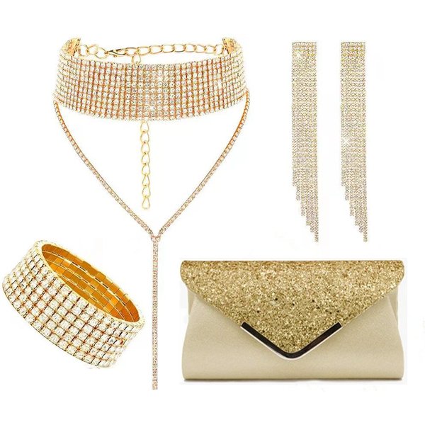 Conjunto De Moda Collar Diamante Tierra Nicho GeoméTrico Pendientes De Borla Pulsera Bolso De Cena Conjunto De Cuatro Piezas Para Mujer Oro-image