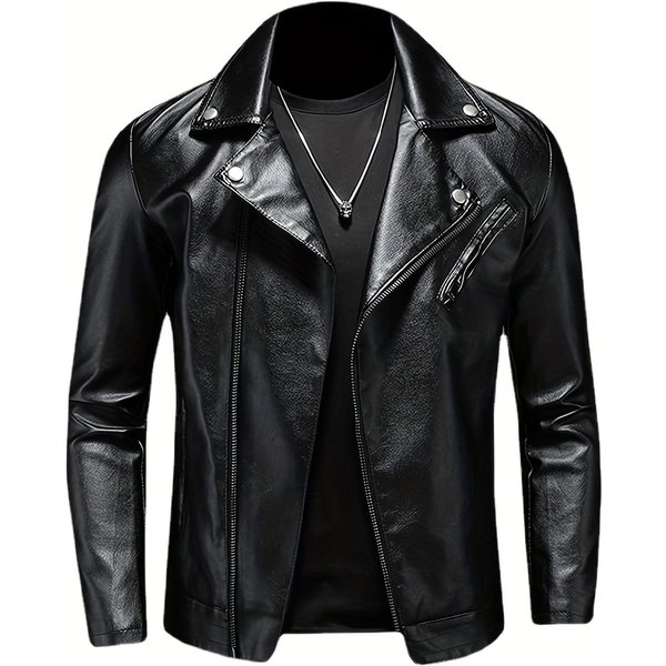 Chaqueta De Motociclista De PU - Chaqueta Informal De Piel SintéTica Con Solapa Y Cremallera De Color Liso Para Hombre - Para Primavera Y OtoñO - Elegante Y Duradera - Regalo Perfecto Para Hombres A La Moda Xxxxxl Negro-image