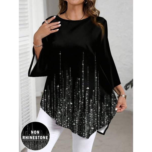 DużE Rozmiary - Damska Elegancka Bluzka Plus Size Z Nadrukiem, OkrąGłYm Dekoltem I Asymetrycznym DołEm 3XL Black-image