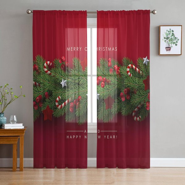 ÁRbol De Navidad Agujas De Pino Caramelo Lazo Cortinas Rojas Transparentes Para DecoracióN De Sala De Estar Cortinas De Ventana Cocina Tul Cortinas Voile W135 X H115Cm X1-image