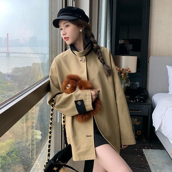 Gabardina Caqui Para Mujer Petite Primavera Y OtoñO Nuevo Estilo Coreano Adelgazante Estilo BritáNico Gabardina Corta Ajustada XL Gray-image