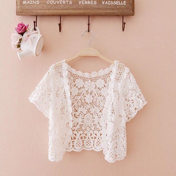Damski Kardigan Z Dzianiny SzydełKowej Z Francuskim Dekoltem W Serek - Szykowna Letnia Moda, WyszczuplająCy LuźNy KróJ, Wszechstronny Top One Size White-image