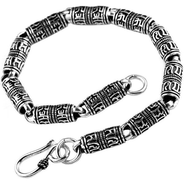 Pulsera CilíNdrica Con SíMbolo Grabado En Plata AutéNtica 925, Cadena Mantra De Plata Tailandesa Para Hombre Y Mujer, Pulsera Segura Con BendicióN, Regalo De JoyeríA 18CM Gray-image