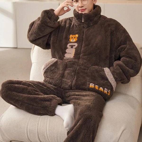 MęSkie Zimowe CiepłE PiżAmy PiżAmy Zestaw MęSkie Flanelowe PiżAmy Bielizna Nocna Ubrania Domowe Aksamit Koral Polar 6XL Plus Rozmiar PiżAma 4XL Black-image