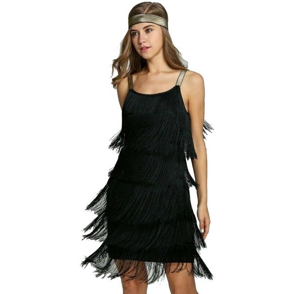 Damska Sukienka W Stylu Vintage Z PałąKiem Na GłOwę Z Lat 20. Flapper Cocktail Great Gatsby Party Tassel Fringe M Czarny-image