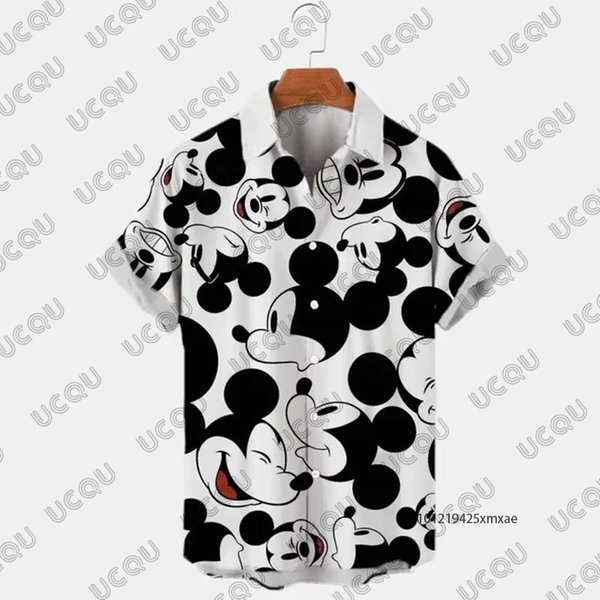 2026 Disney Mickey Mouse Dibujo Animado Estampado Verano HawáI Hombres Solapa Manga Corta Camisa Casual Playa Vacaciones Oversize Adulto Top XL White-image