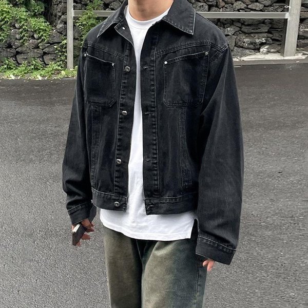 Prana Postarzana Jeansowa Kurtka Z Klapami MęSka Wiosenna LuźNa Przystojna Kurtka Styl KoreańSki Modna Kurtka Robocza XL Czarny-image