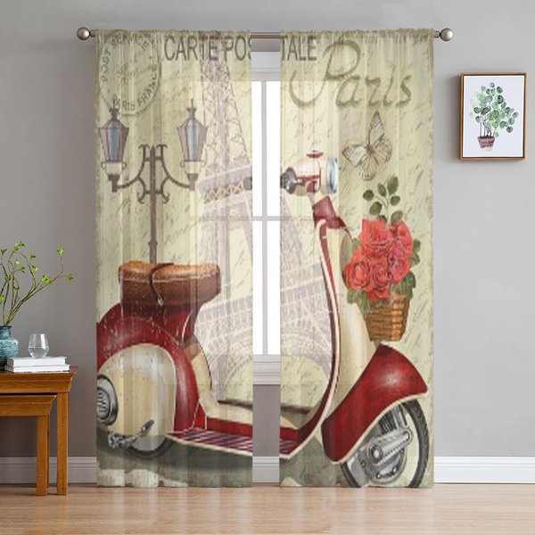 PóSter Vintage De ParíS Tul Cortinas TraslúCidas Para Ventana Para Sala De Estar El Dormitorio Modernas Cortinas De Gasa Voile Organza DecoracióN Cortinas 135W X 114H(Cm) Brown-image