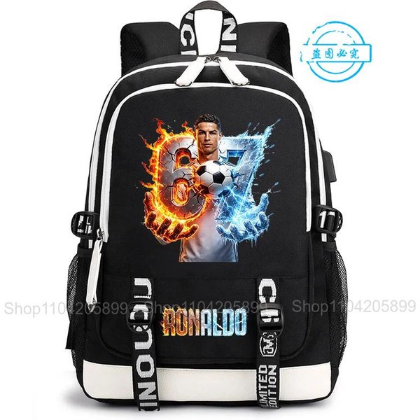 Plecak Cr7 Ronaldo 67 Nadruk Codzienny Mochila Dla Ucznia Nastolatka Torba Szkolna Codzienne PodróżE Rucksack Prezent Dla ChłOpca Black-image