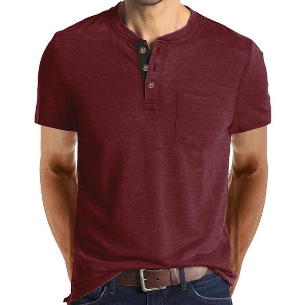 Camiseta Informal De Manga Corta Para Hombre Con Cuello Henley Y Bolsillo En El Pecho 2XL Claret-image