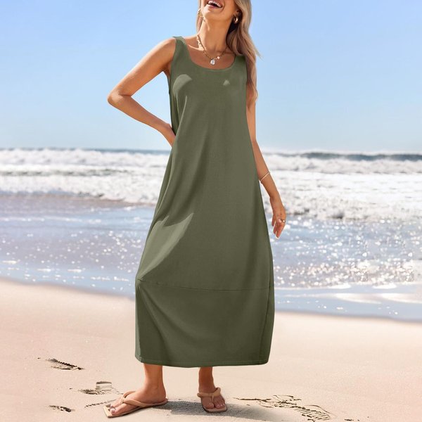 Vestido De Verano Largo Informal Para Mujer, Vestido Playero Holgado Sin Mangas Con Cuello Redondo M Gray-image