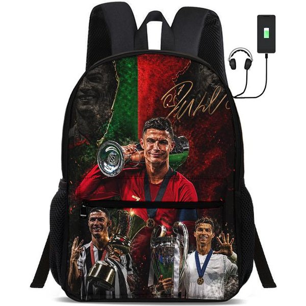 Ronaldo NiñO Bolsas Escolares CR Estrella De FúTbol Mochila Con Interfaz USB Bolsa Para Estudiante Rucksack FúTbol Deporte Mochila Escolar Regalo Para NiñOs-image